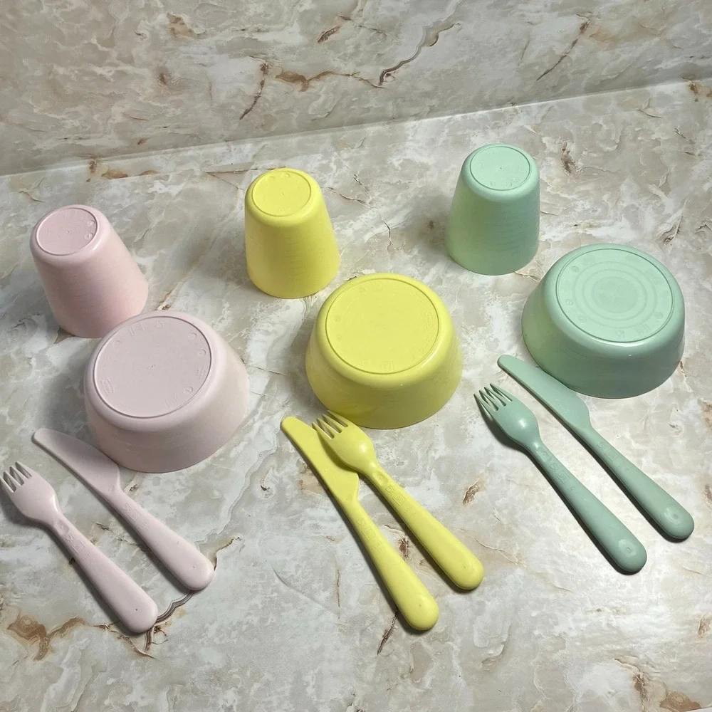 Ikea KALAS Girls 12 Pieces Bowls Cups‎ Cutlery Mixed Pastel Colors PBA Free